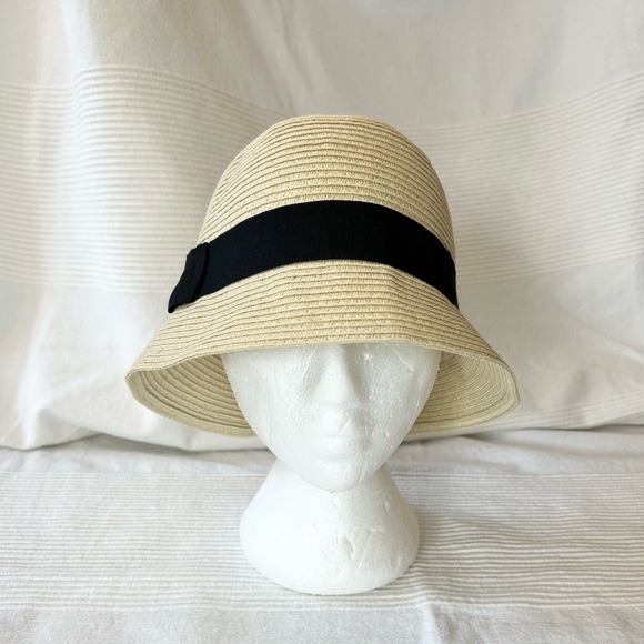 Paper Straw Cloche Hat With Black Ribbon Trim - Picture 9 of 13